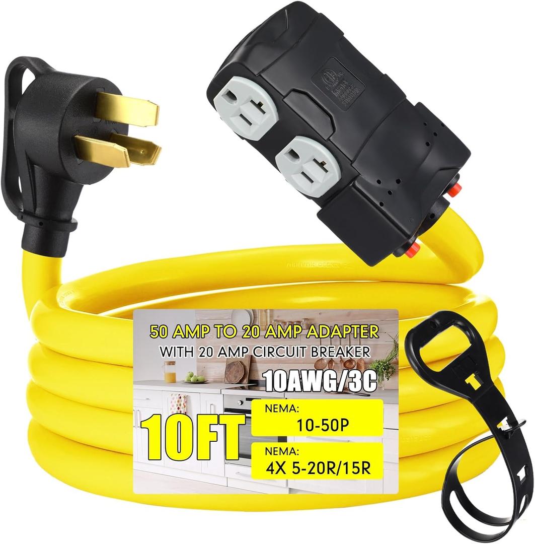 220 to 110 Adapter Compatible with NEMA 10-50P to 4X 5-20R/15R with 20 Amp Circuit Breaker, 220/250V Electrical Stove/Range/Oven Male Plug Gas 110/125V Power Convert Adapter (10 ft)