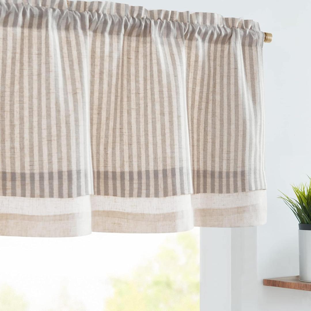 jinchan Linen Valance Curtain Striped Grey Small Window Curtain Double Layer Light Filtering Modern Farmhouse Valance for Kitchen Living Room Bedroom 18 Inch Rod Pocket 1 Panel Gray on Beige