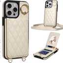 for iPhone 15 Pro Max Wallet Case 6.7" with Mirror, Credit Card Holder, Flip Cover with Lanyard Wrist Strap, RFID Blocking, Shockproof, Magnetic Closure, and Phone Stand for Women, Beige