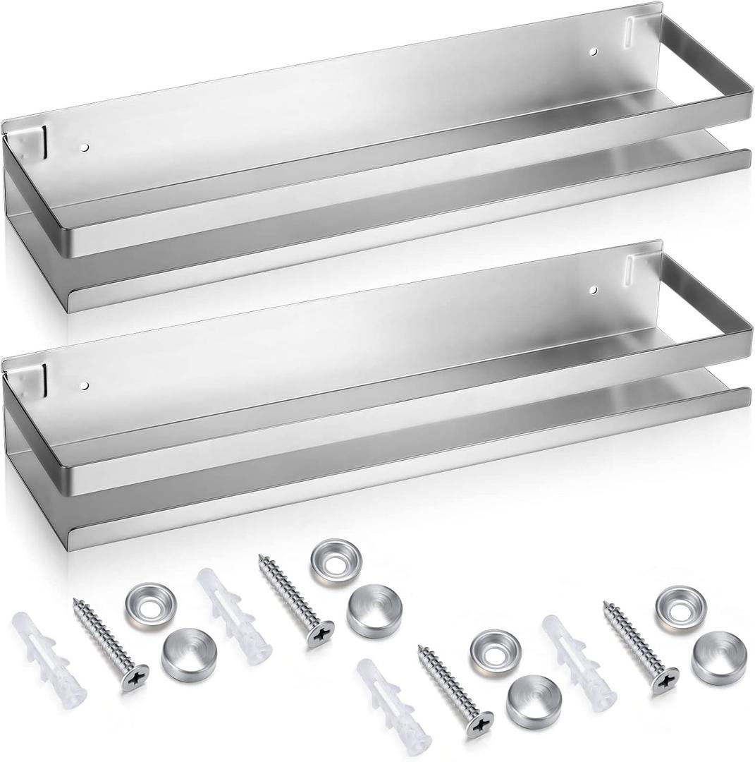 Lallisa 2 Pieces Stainless Steel Shelf Bathroom Shower Floating Shelves Wall Mounted Shower Caddy Basket Shelf Storage Organizer Shelves for Bathroom, Kitchen, Living Room(15.75 Inch/ 40 cm,Silver)