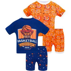 DAUGHTER QUEEN Boys Summer Pajamas Set 2 Pieces 100% Cotton Sleepwear Size 18 Months-12 Years (7, 4pcs-navy/Orange-basketball-sba24)