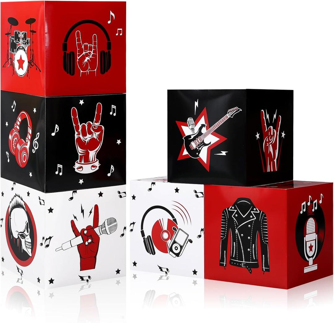 Fuyoooo 6 Pcs Large Rock and Roll Party Decorations Boxes 12 Inch Rock Music Birthday Balloon Cardboard Boxes Backdrop 80s 90s Retro Band Props for Party Supplies