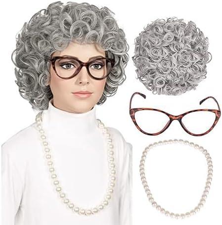 ColorGround Adult Size Old Lady Gray Curly Cosplay Wig 100th Day of School with Pearl Necklace and Glasses