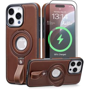 for iPhone 16 Pro Max Leather Case with Stand, Anti-Slip Grip Ring, Fits for MagSafe (Cocoa, IP 16 Pro Max-6.9inch)