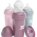 Herobility Anti-Colic Baby Bottles 8.5 fl oz/240ml - Pack of 4 Plastic Baby Bottles, Slow Flow Plastic Bottles, Breast-Shaped Teat for Breastfed Babies Multicolor White, Gray, Pink, Hawthorn Rose