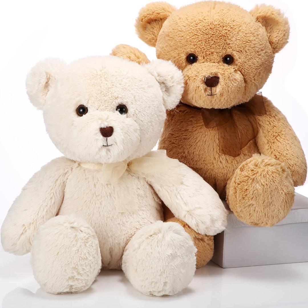 HyDren 2 Pack Bear Stuffed Animals 18 Inch Cuddly Stuffed Bear Plushies with Bow for Birthday Gifts Baby Shower Decors Valentines Party Decors(Beige, Light Brown)