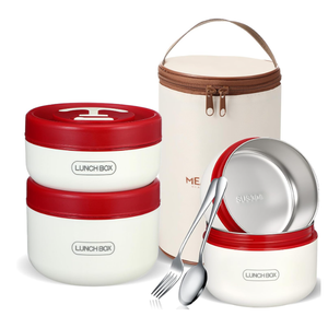 Dandat 3 Pcs Portable Insulated Lunch Container Set for Adult, Stackable Stainless Steel Bento Box for Hot Food with Insulated Lunch Bag Unisex 3 Separate Thermal Food Container(Red)