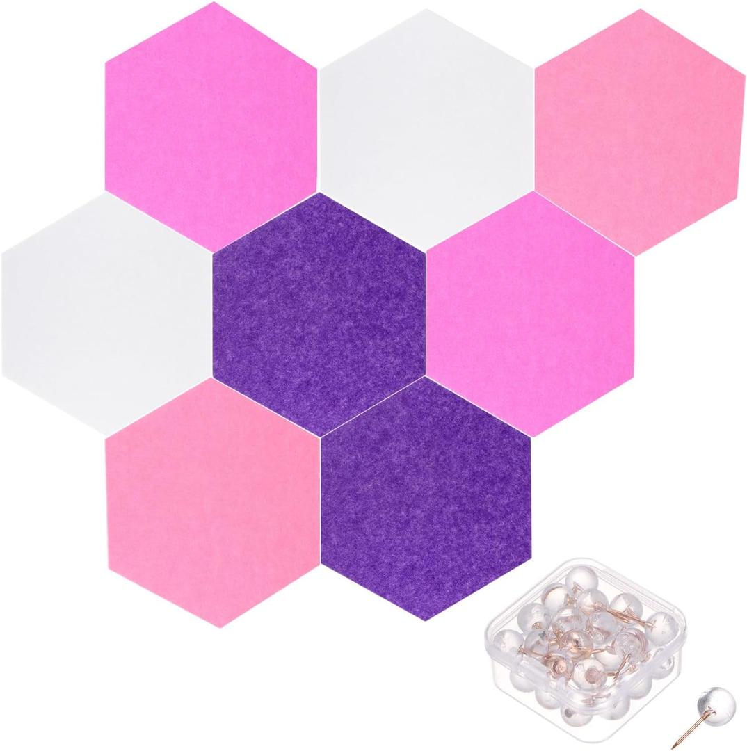 PATIKIL Felt Bulletin Board 11"x9.4" 8 Packs Self Adhesive Hexagon Felt Tiles for Sound Proofing, Wall Panels with 30 Push Pins for Home Office Recording Studio,Game Room, Set-D (White, Pink, Rose Red, Purple)