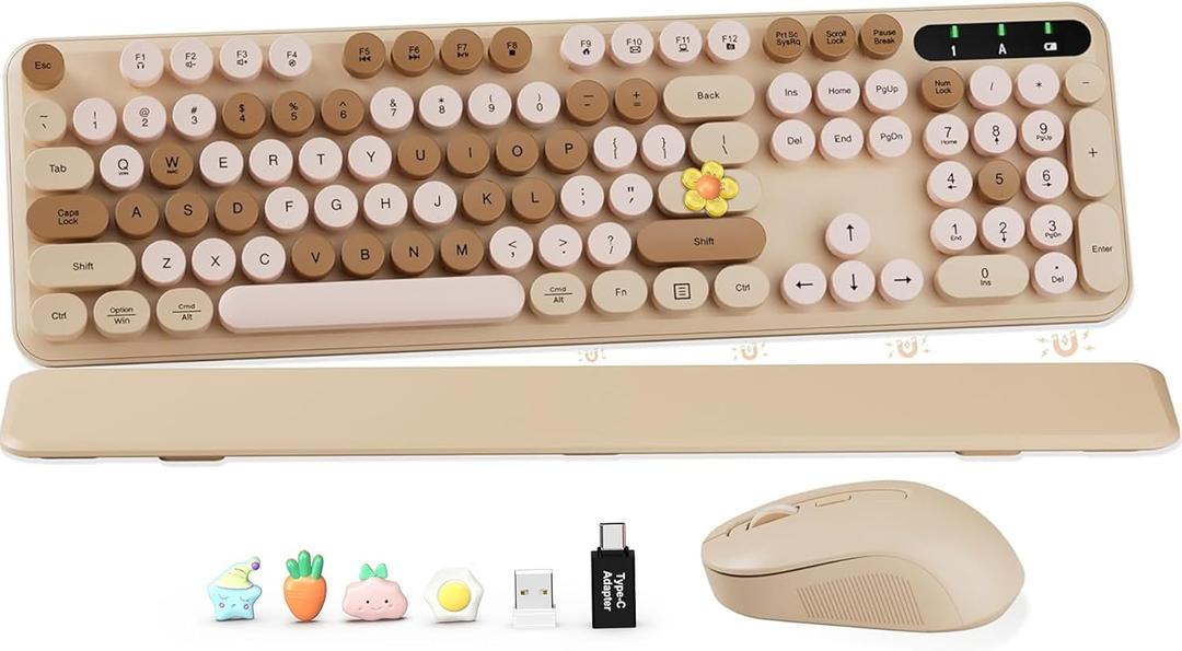 Wireless Keyboard and Mouse Combo, Round Keycaps, Full-Size Retro Typewriter Keyboard with Magnetic Wrist Rest, Tilt Legs, 2.4GHz Cordless for Mac, Windows PC, Laptop, SABLUTE CK23, Latte Beige