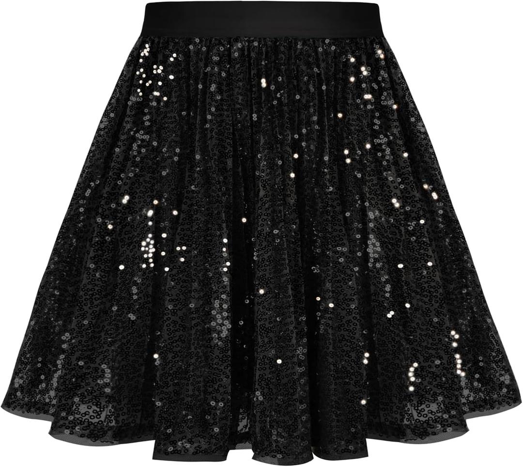 GRACE KARIN Girls Sequin Skirt Elastic Waist Sparkle Pleated Skirt for Party 5-14Y (Black)