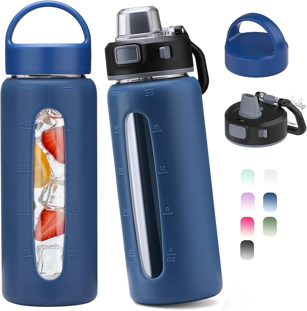 Kodrine 20oz Glass Water Bottle with Straw-2 Lids for Easy Carry with Handle, Silicone Sleeve & Time Marker, Reusable Glass Drinking Bottle for Home,Office,Outdoors, Cupholder Friendly-Blue