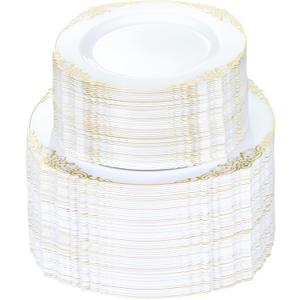 200 PCS White and Gold Plastic Plates for 100 Guests, Gold Disposable Plates Include 100 PCS Dinner Plates, 100 PCS Dessert Plates for Party, Wedding and Graduation