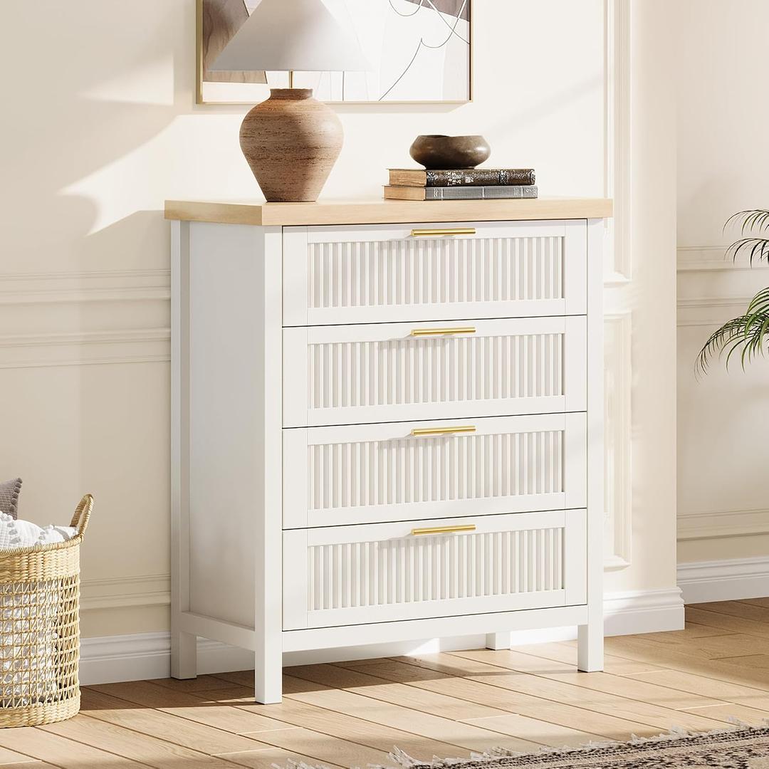 IDEALHOUSE Fluted 4 Drawers Dresser for Bedroom, 35.4" Tall Chest of Dressers for Closet, 4 Fluted Drawers with Metal Handle, Clothes Storage Cabinet for Bedroom, Nursery, Living Room, White