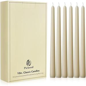 New Burning Formula Unscented Dripless 10-Inch Taper Candles Set of 12, for Wedding, Dinner - Smokeless, Long Burning - Hand Poured, Colored Tall Candlesticks - Ivory