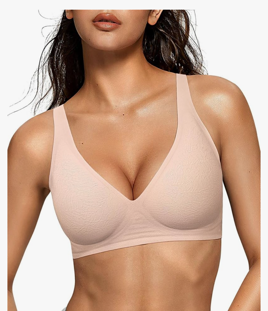 OEAK Women's Deep V Bras Wireless Comfortable Bra Supportive No Underwire Bras Tshirt Push Up Bralettes Plunge Seamless Bra, Size L