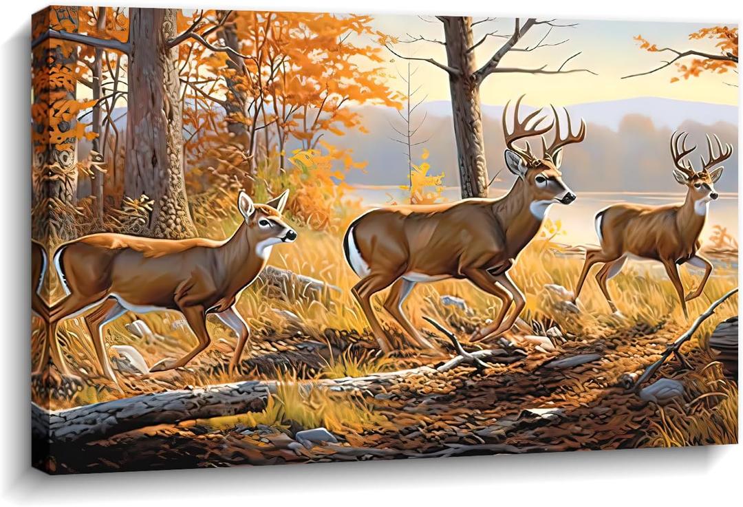 LYUNSHUO Deer Canvas Wall Art Wildlife Animal Elk Oil Painting Print Forest Picture Yellow Landscape Poster Modern Artwork for Living Dining Room Office Home Decor Framed(Deer-11, 16.00"x24.00")