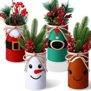 LemonRoad 4 Pcs Christmas Metal Vase for Table Centerpieces Farmhouse Vases Decor with Twine Bow Galvanized Metal Vases Artificial Flower Buckets for Christmas Home Party Decorations, 4.33 Inch