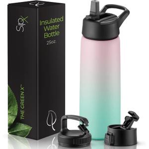SipX Triple-Insulated Stainless Steel Water Bottle 25oz. With 3 Lids, BPA-Free Reusable Insulated Water Bottle Keeps Cold 24 Hours, (Gradiant Mint Pink)