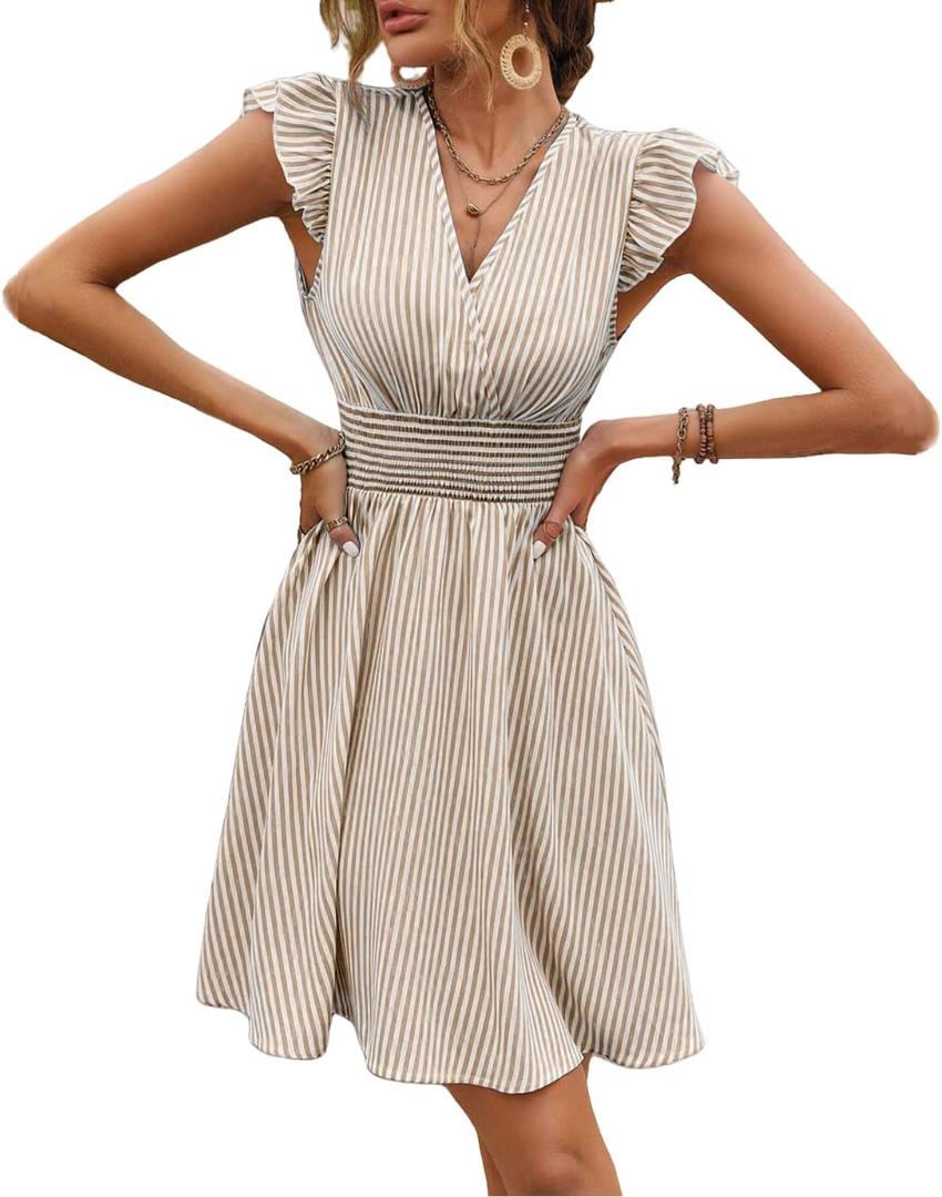 Women's Summer Dress V Neck Striped Mini Dress A Line Ruffle Sleeve Casual Dress (Medium, Brown)