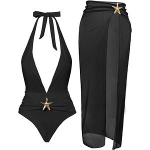 Womens One Piece Swimsuits with Cover Up Halter Backless Summer Beach Vacation Party Sexy V Neck Starfish Bathing Suit (Small, Black)
