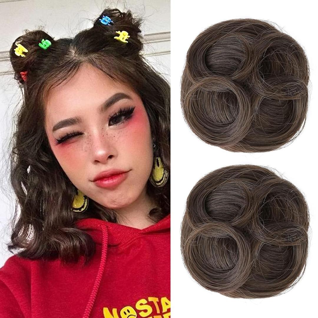 REECHO Space Bun Hair Pieces, 2 PCS Mini Claw Clip in Messy & Cat Ears Fake Hair Bun Extensions HB001 Wig Accessory Updo Hairpieces for Women (Pack of 2-3.5" Wavy, Medium Ash Brown)
