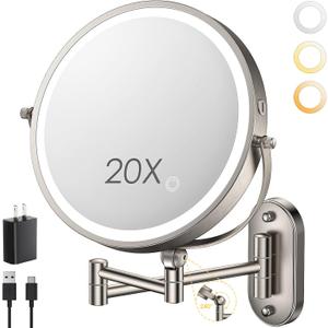 ZLOKLA 9" Wall Mounted Lighted Makeup Mirror,4000mAh Rechargeable Double Sided 1X/20X Magnifying Mirror with Light,Touch Dimmable,Extended Arm 360 Rotation Wall Mounted Makeup Mirror 3 Color Lights-N