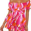 Fixmatti Women's Color Block Romper Off The Shoulder Short Sleeve Ruffle Jumpsuits Playsuit (Large, Pitaya)