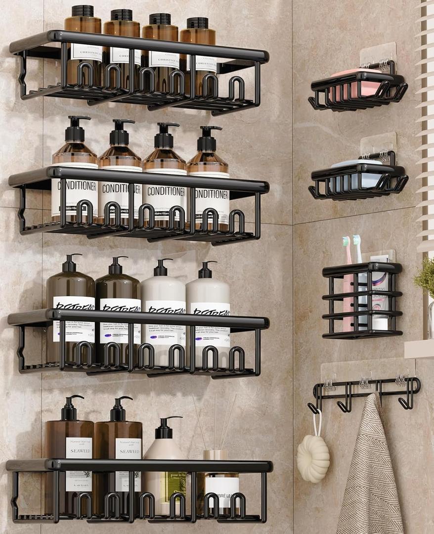 8 Pack Adhesive Rustproof Shower Shelves with Soap Dishes, Toothbrush Holder & Hooks, Large Capacity No-Drilling Shower Shelves Rack for Bathroom Organizers and Storage Accessories, Black