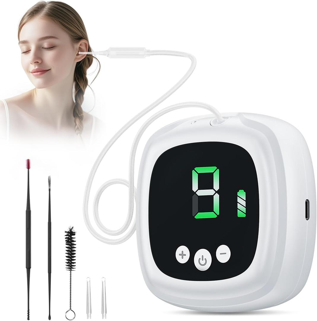 Ear Wax Vacuum Removal Kit, 9 Levels Strong Suction Ear Vacuum Electric Earwax Suction Remover Reusable Ear Cleaning Kit for Adult (White)