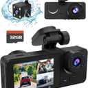 3 Channel Dash Cam,4K+1080P Dash Cam Front and Rear Inside, Dash Camera for Cars, Triple Car Camera with 32GB Card,Built-in G-Sensor, 2 IPS Display Car Camera,Loop Recording,24Hr Parking (Black)