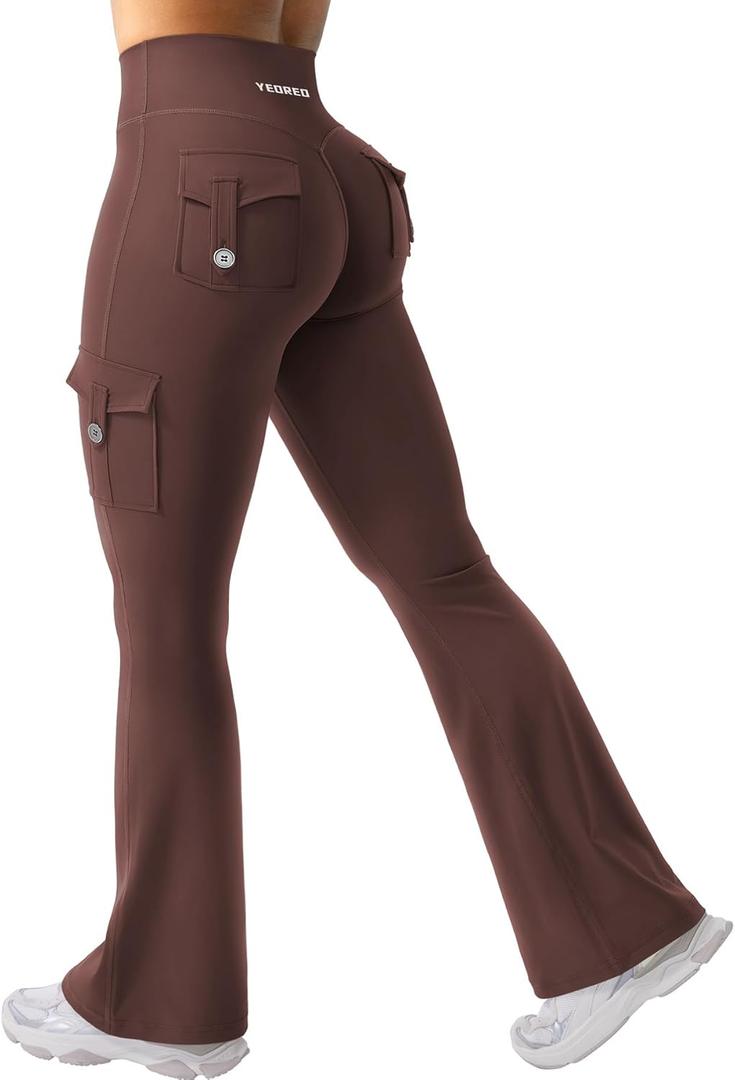 YEOREO CoreFlex Women Workout Flare Leggings with Pockets Hidden Scrunch High Waisted Cargo Gym Yoga No Front Seam Leggings (Large, Chocolate)