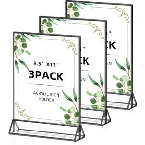8.5x11 Picture Frame Black Acrylic Sign Holder Double-Sided Display Stand for Wedding Signs Table Numbers Menu Holders， Pack of 3