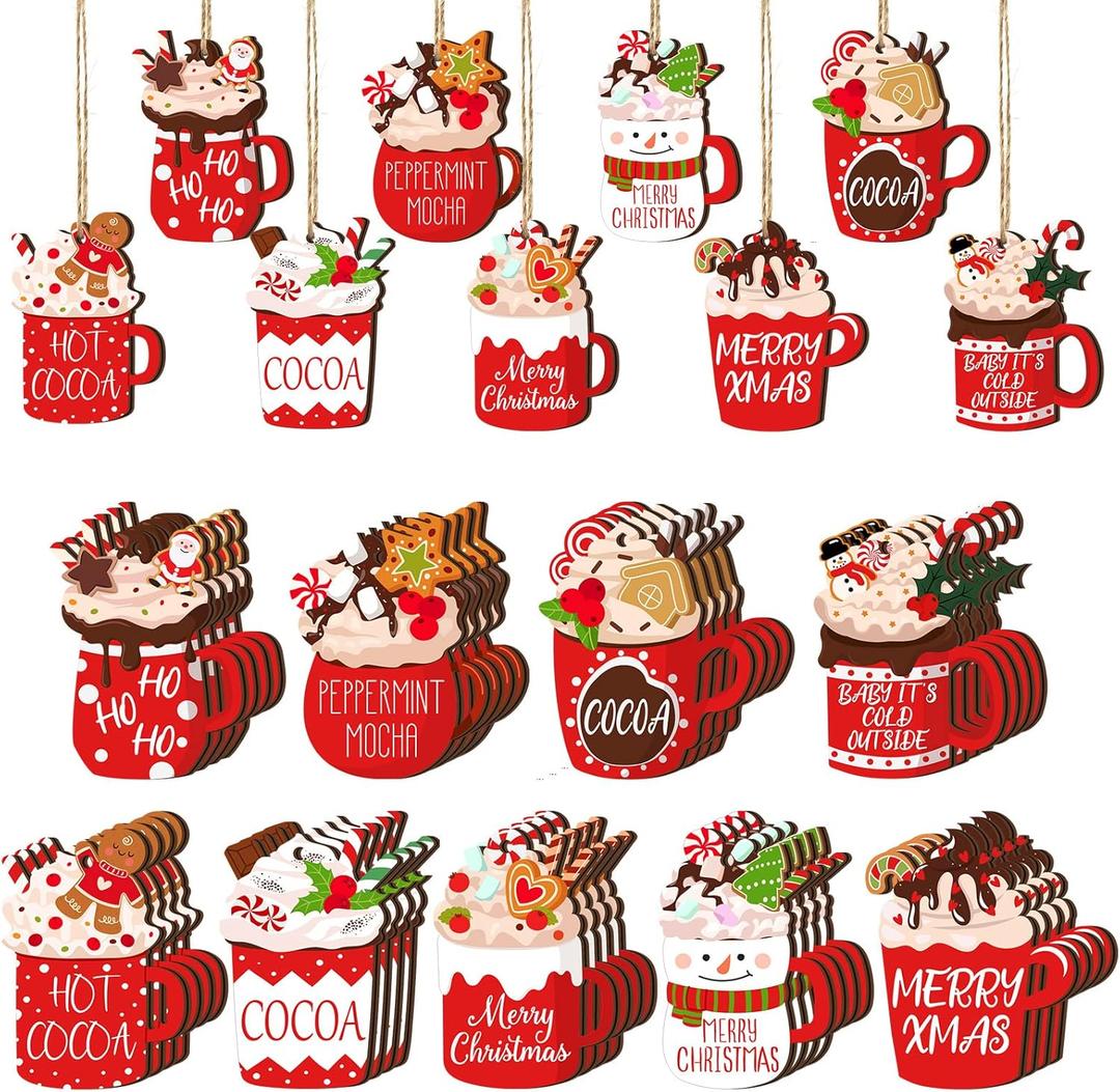 BBTO 36 Pieces Christmas Ornaments Hot Cocoa Cup Wood Hanging Ornaments Gingerbread Marshmallow Coffee Bar Decoration Wood Xmas Decoration for Tree Home