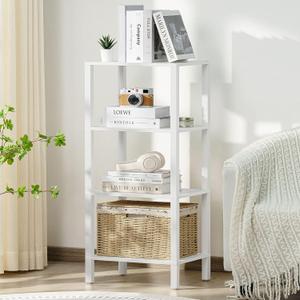 4 Tier Tall Wooden Bookshelf with Storage - Small White Bookcase for Small Spaces, Small Shelf for Living Room, Office, Bedroom, Kitchen - Industrial Modern Book Shelf