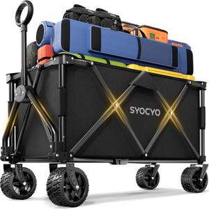 Collapsible Wagon with 420lbs Weight Capacity, Foldable Heavy Duty Beach Wagons with Big All-Terrain Wheels, Carts with Cup Holders for Camping, Garden, Sports, Grocery,Shopping, Black