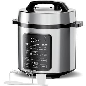 Simple Deluxe 12-in-1 Electric Pressure Cooker, 6QT Stainless Steel & Non-Stick Multi Cooker for Slow Cook, Meat Stew, Cake, Porridge, Multigrain, Dishwasher Safe, Silver