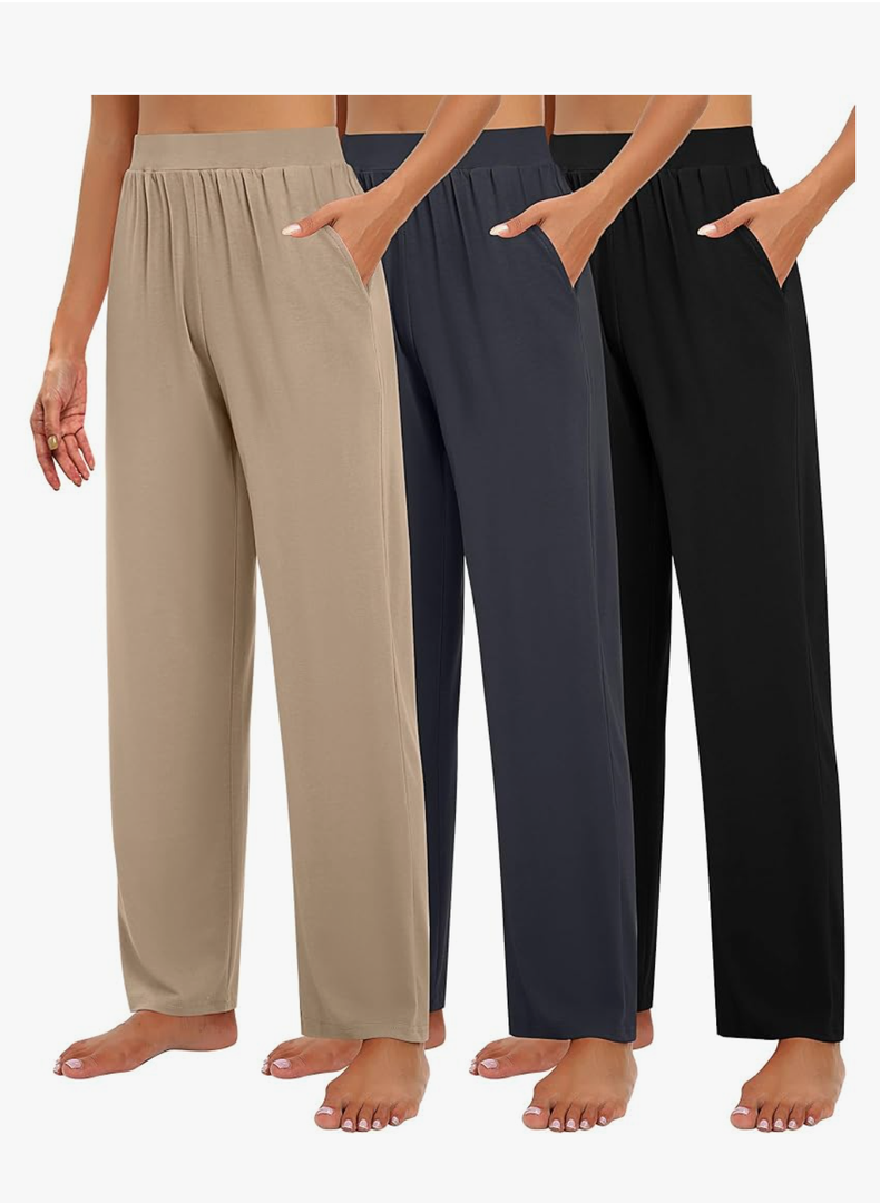 Huukeay 3 Pack Women's Lounge Pants, Cozy Wide Leg Lounge Slacks with Pockets Loose Flowy Yoga Sweatpant Workout Comfy Jogger, Size Large