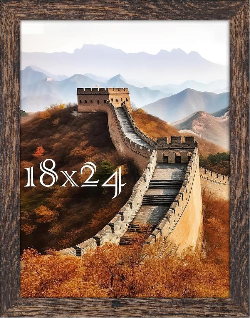 Picrit 18x24 Rustic Brown Poster Frame, Wooden Photo Frame, Shatterproof Cover for Wall Mount, Horizontal & Vertical Hanging Display, Gallery Wall Home Decor, 1 Pack