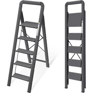 KINGRACK Aluminium 5 Step Ladder, Lightweight Step Stool with Non-Slip Pedals, Handrail, Folding Step Ladder for Kitchen, Garage, Home, Space Saving, Sturdy and Portable, Silver (Black)