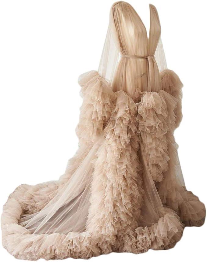 Kelaixiang Tulle Robe Long Lingerie Bridal Dressing Gown Puffy Nightgown Photoshoot Beige M