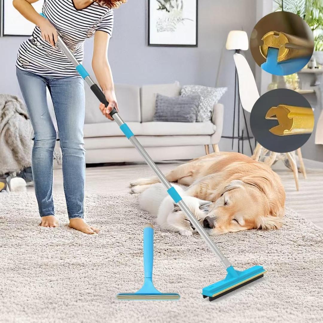 Upgraded Carpet Rake for Pet Hair Removal,2PCS Reusable Pet Hair Remover with 56 Adjustable Long Handle, 3 in 1 Rubber Broom and Carpet Brush Scraper for Rugs, Mats, Couch, Furniture