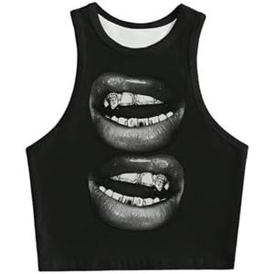 BEAUDRM Women's Lip Graphic Tank Top Y2k Crew Neck Sleeveless Casual Crop Tops Small