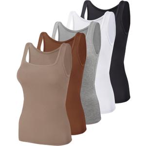 BQTQ 5 Pack Women's Tank Tops Square Neck Sleeveless Ladies Tank Top Undershirts (Medium, Black, White, Gray, Sienna, Mistyrose)