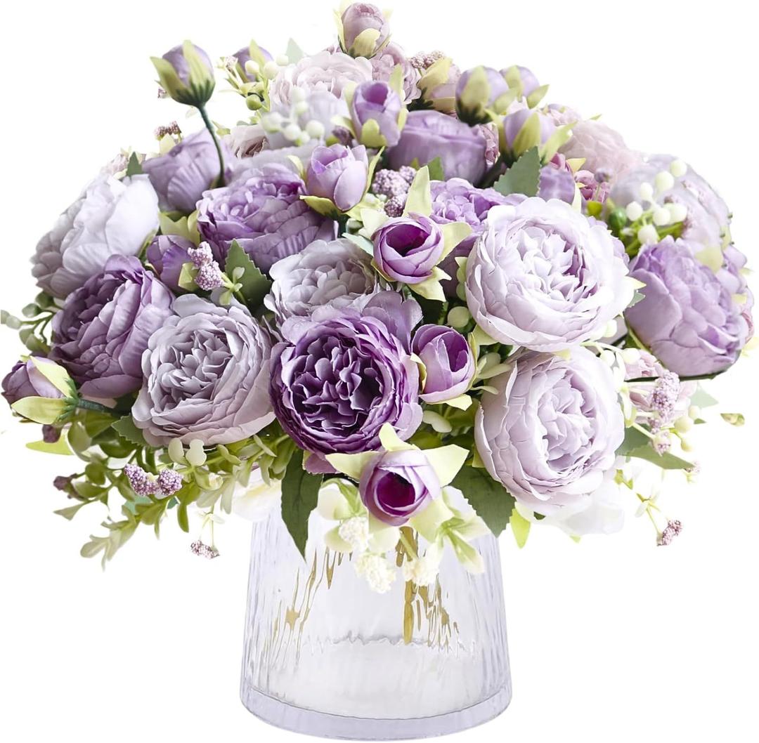 ASTRYAS 3 Packs Artificial Flowers, Peonies Artificial Flowers, Purple Artificial Peonies, Silk Peonies Flowers Fake Flowers Peonies Bouquet for Centerpiece Table Wedding Party Home Decor, Grey and Purple 