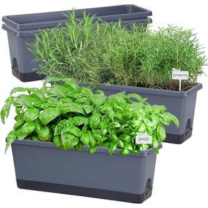 Window Box Planter 4 Packs, 17 Inches Rectangle Flower Pots with Drainage Holes & Trays, Pots for Vegetables, Herbs, Flowers, Garden Windowsill Balcony (Grey, 17 * 5.1 * 6 inch)