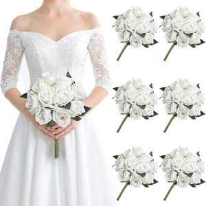 Set of 6 Pre-Made Artificial Rose Bouquets for Wedding, Velvet Silk Rose Bouquets for Bridesmaids, Fake Realistic Rose for Mohter's Day Valentine's Day Proposal Party Home Decor (White)