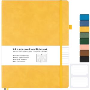 College Ruled Notebook, A4 Hardcover Leather Notebook for Work, Lined Notebook Journal for Women, Men, 192 Thick Paper, 8.5" x 11", Large Notebook with Pockets, Professional Business Notebook, Yellow