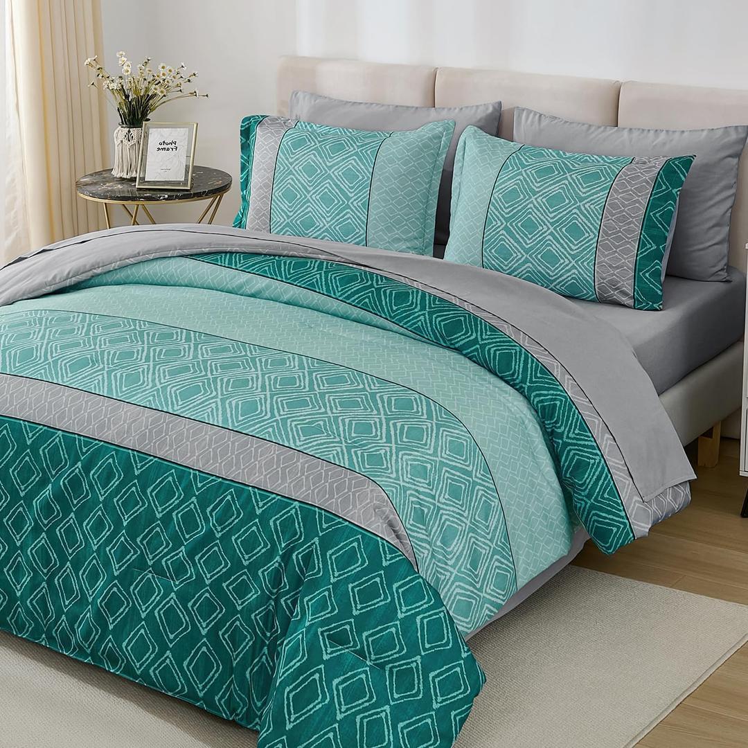 Dinjoy Teal Green King Size Comforter Set,Striped Boho Bed in a Bag King 7 Pieces Soft Bedding Comforters Sets with Sheet Beds Warm Microfiber Complete Set for All Season