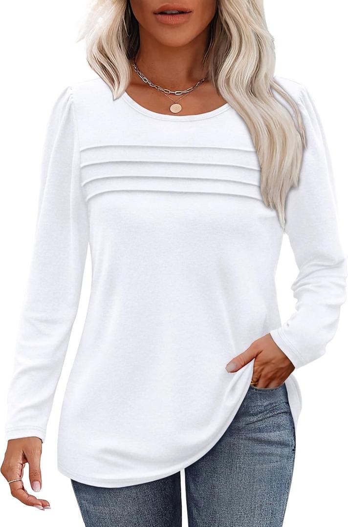 OFEEFAN Long Sleeve Shirts for Women Fall Fashion 2025 Dressy Casual Blouses Trendy Pleated Tunic Tops for Leggings (Large)