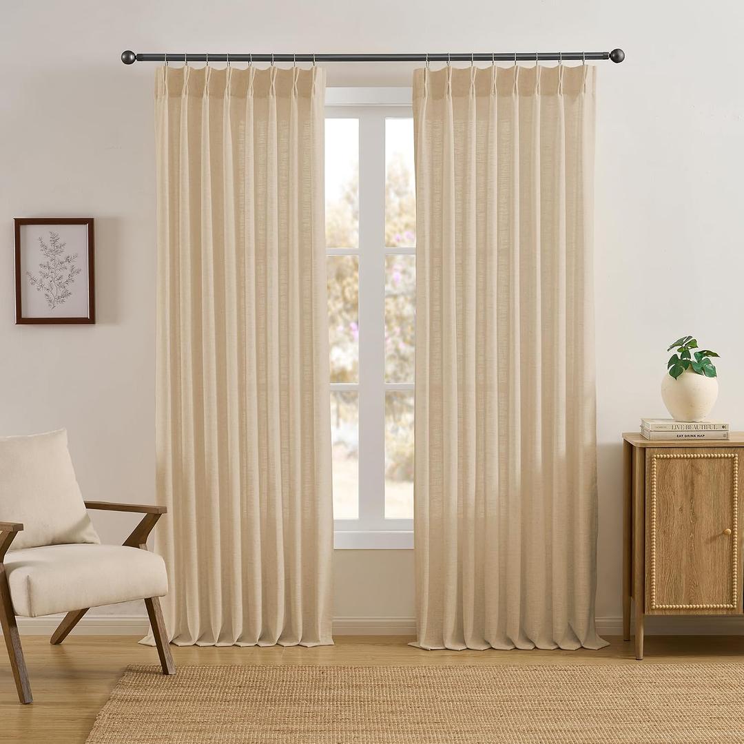 RAIN CITY Pinch Pleated Curtains 90 Inches Long Set of 2, Luxury Thick Linen Drapes Back Tab with Hooks,Light Filtering Window Curtain Panels for Living Room 50 Width 90 Length Khaki